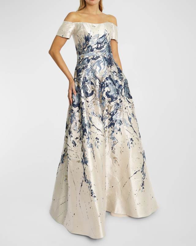 Off-Shoulder Metallic Jacquard Gown